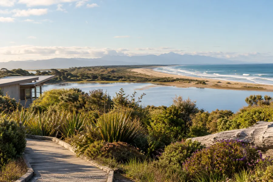 Basis und Pūponga Farm Park am Farewell Spit, Collingwood, Neuseeland