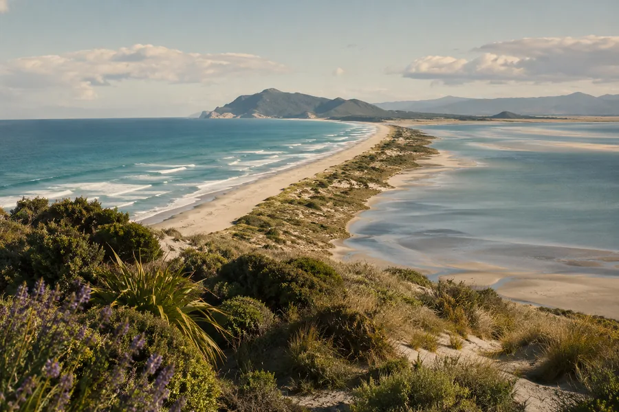 Farewell Spit versus Wharariki Beach bij Farewell Spit, Collingwood, Nieuw-Zeeland